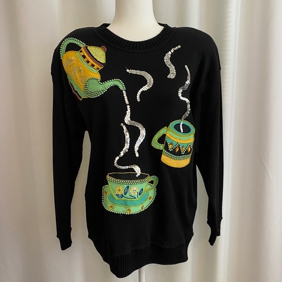 Vintage Statements by Pronto Women's Sweater-Sequined Tea pot & cups-Size Large - Picture 1 of 8